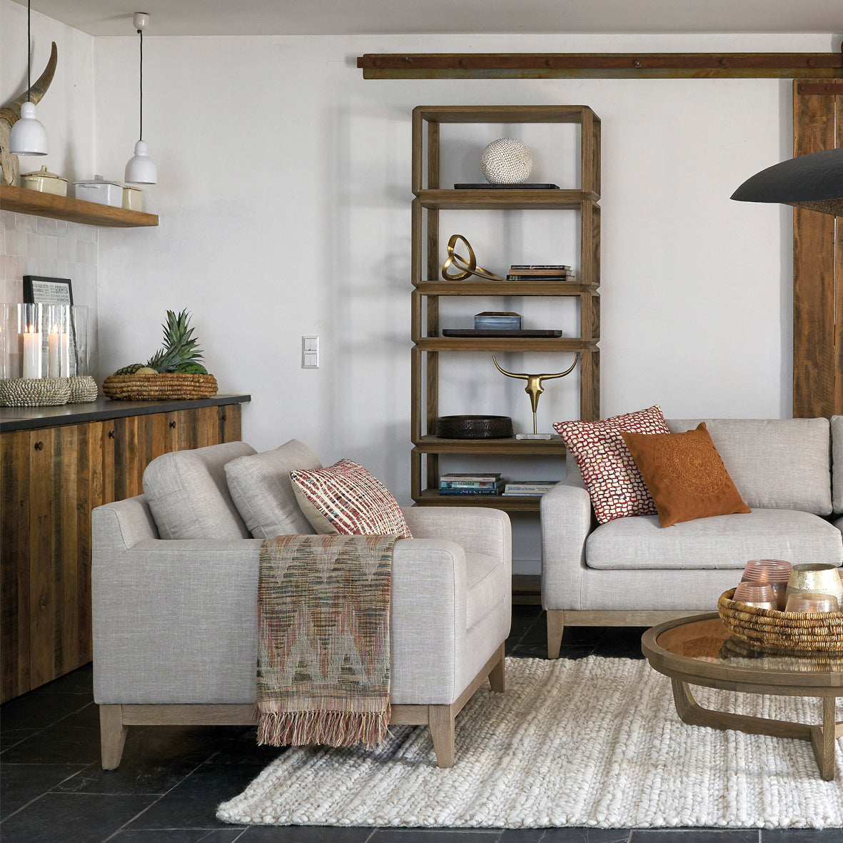 Armchair in Beige Fabric and Leonor Wood