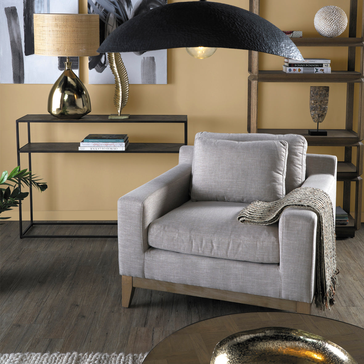 Armchair in Beige Fabric and Leonor Wood